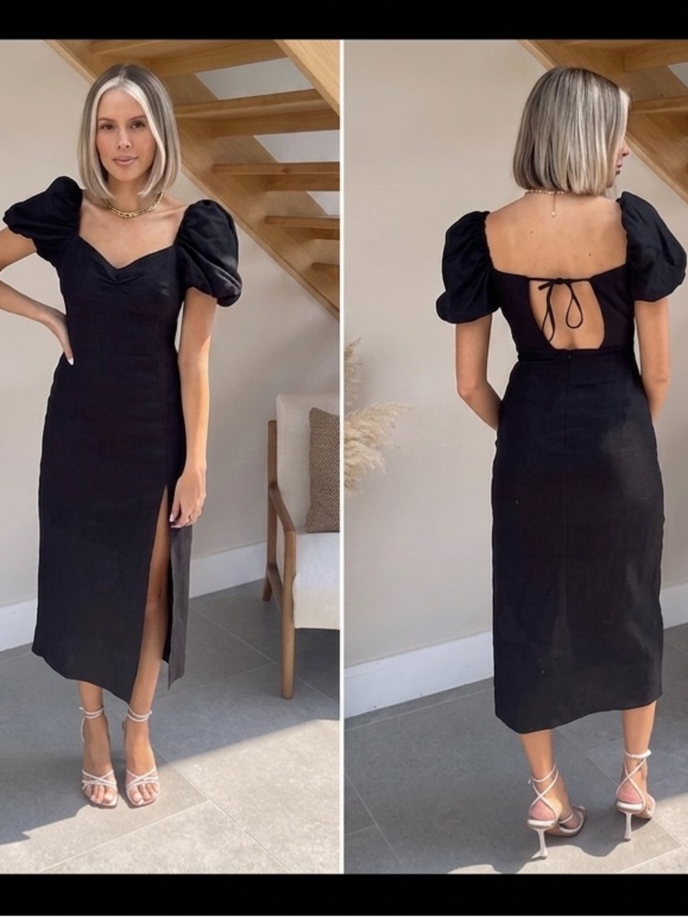 🤍 ZARA Black Balloon Sleeve Linen Blend Midi Dress